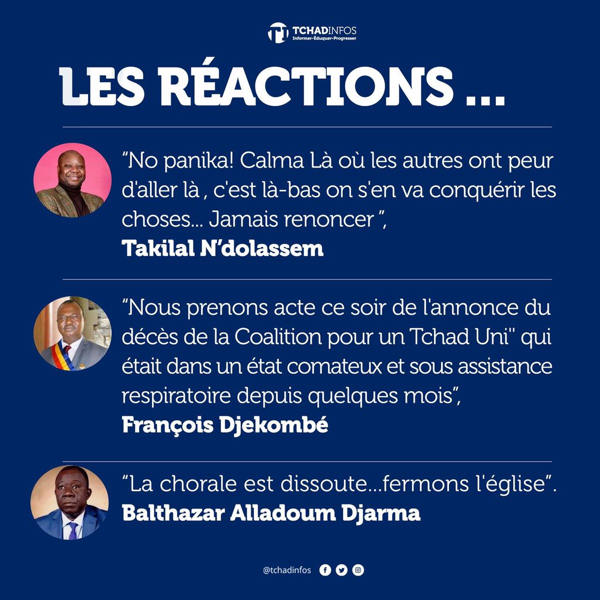 tchadinfos's tweet photo. 🎙️Voici quelques réactions des chefs de parti politiques suite à l’annonce hier du Secrétaire Général du MPS, Mahamat Zen Bada, de faire cavalier seul lors des prochaines élections. #Tchad 🇹🇩 #Adjip https://t.co/lPlkoVkJOZ