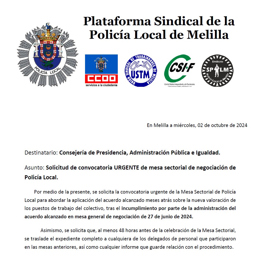 🚨RECORDATORIO🚨
A día de hoy, partiendo del acuerdo que se alcanzó con el anterior Gobierno del Presidente Imbroda en mayo de 2019, del que ha manifestado innumerables ocasiones que se va a cumplir, se adeudan a cada agente de Policía Local unos ➡️22.360€.

Desde al menos el 30