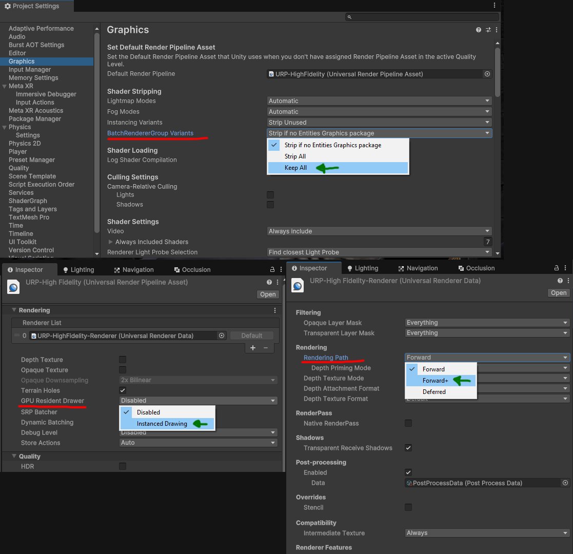 BinaryImpactG's tweet image. #UnityTips
GPU Resident Drawer is the built in cheat code for faster rendering in #Unity6 !
It enables GPU Instancing in the Forward+ rendering path for MeshRenderers without the need for manual optimization.
The setup is done in a few clicks, check the attached image!