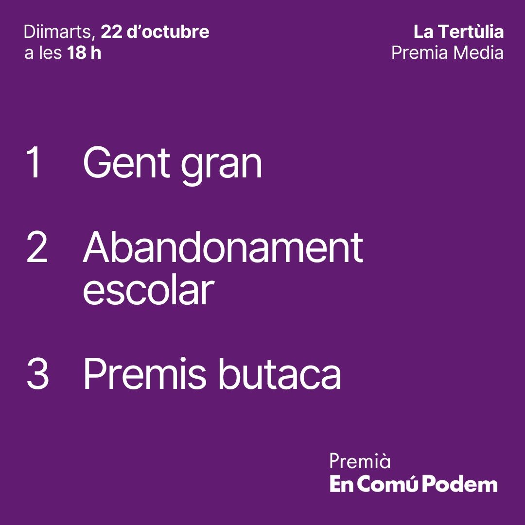 ComuPodemPremia's tweet photo. 📌 Aquesta tarda  participarem a "La Tertúlia" a @premiamedia.
Els temes a debat d'aquesta setmana son:
- Octubre, mes de la Gent Gran.
- L'abandonament escolar. 
- Els Premis Butaca i com promoure el teatre i l'accés a les arts escèniques?
🎙95.2FM💻https://t.co/yNNGEB2U5D https://t.co/yZusm2yPWo