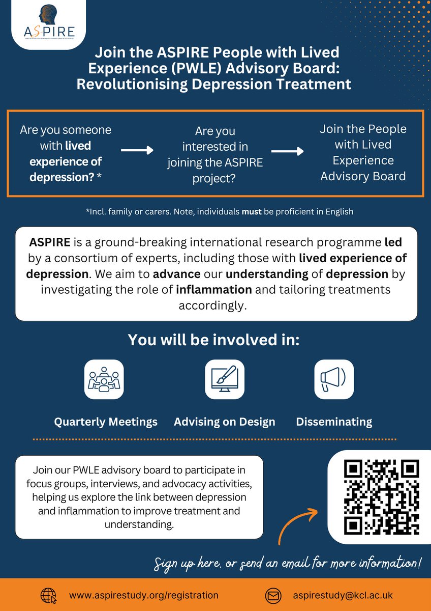 ASPIRE (@theaspirestudy) on Twitter photo We are an #international research programme, exploring the link between #inflammation and #depression to develop personalised treatments. We're looking for individuals with lived experience to join our Advisory Board! ๐ Get involved: aspirestudy.org/registration We are an #international research programme, exploring the link between #inflammation and #depression to develop personalised treatments. We're looking for individuals with lived experience to join our Advisory Board! ๐ Get involved: aspirestudy.org/registration