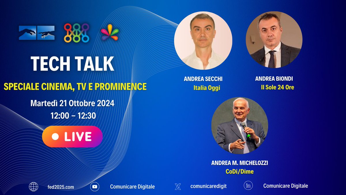 Alle 12 non perdete il Tech Talk con <a href="/An_Bion/">Andrea Biondi</a> <a href="/sole24ore/">IlSole24ORE</a>  e <a href="/a_secchi/">Andrea Secchi</a> <a href="/ItaliaOggi/">ItaliaOggi</a> che parlerà di Media, Tv, Cinema e Prominence.

Occasione per annunciare le date 2025 del @ForumLucca 

<a href="/digitalsat_it/">Digital-Sat News</a> <a href="/monitortv/">MonitoR_magazine</a>