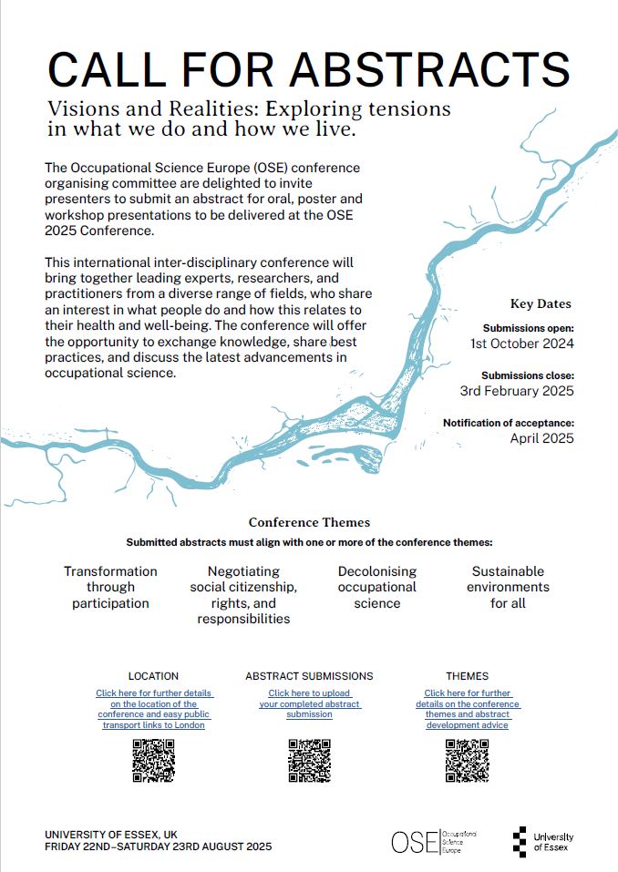 Occupational Science & Therapy at Essex (@uoe_ot) on Twitter photo 22-23 August we will be hosting the 2025 <a href="/OSEurope/">Occupational Science Europe</a> conference here <a href="/Uni_of_Essex/">University of Essex</a>. If you're new to writing an abstract, please see here for a guidance video on preparing and submitting an abstract: panopto.essex.ac.uk/Panopto/Pages/… 22-23 August we will be hosting the 2025 <a href="/OSEurope/">Occupational Science Europe</a> conference here <a href="/Uni_of_Essex/">University of Essex</a>. If you're new to writing an abstract, please see here for a guidance video on preparing and submitting an abstract: panopto.essex.ac.uk/Panopto/Pages/…