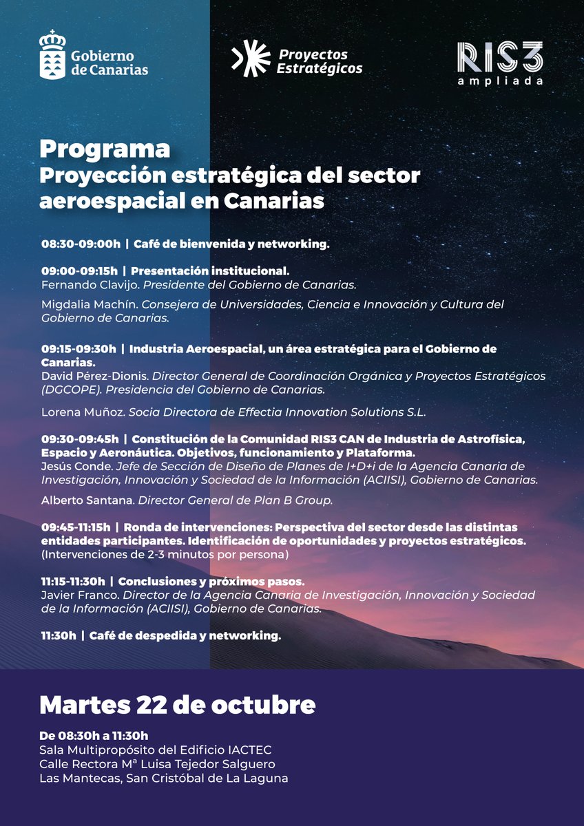 agenciaiisi's tweet photo. 🔴 Evento de interés: PROYECCIÓN ESTRATÉGICA DEL SECTOR AEROPESPACIAL EN CANARIAS 🔴
📆Hoy, 22 de octubre 2024
👥Presentación institucional @FClavijoBatlle @migdaliamachin
🌐Organiza la #ACIISI @CUCIC_GobCan en coordinación con @PresiCan #DGCOPE https://t.co/38nwgydtkc