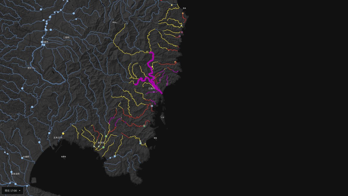 UN_NERV's tweet photo. 宮崎県では、猛烈な雨が降り続いています。
日南市付近では、土砂災害、洪水害、浸水害の危険度が極めて高���なっている場所があります。災害が切迫している状況です。安全の確保を第一に行動してください。

最新の気象情報・キキクル・雨雲レーダーはNERV防災アプリでご確認いただけます。 https://t.co/NB5NvX1BIr