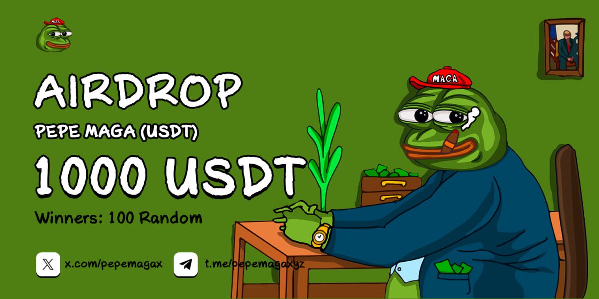 🚨 Airdrop: PEPE MAGA (USDT)
🔥 Prize Pool: 1000 USDT
🏆 Winners: 100 Random 
📅 End Date: 31st October 2024
🚀 Distribution: 31st October 2024

ℹ️ Airdrop Link: t.me/pepemaga_bot