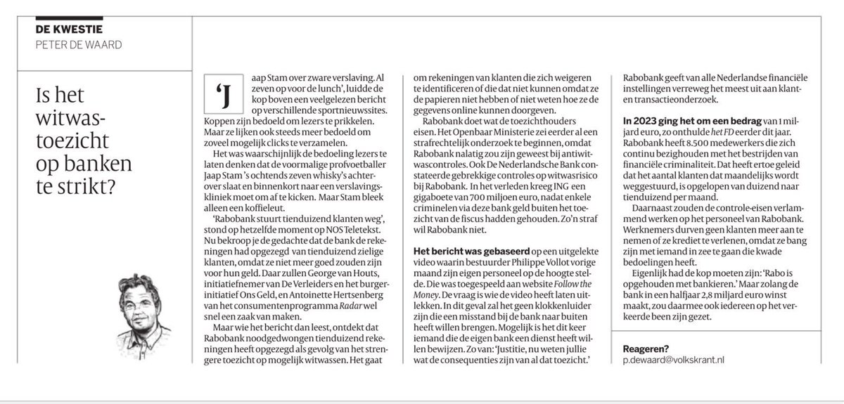 Volgens <a href="/PeterdeWaard/">Peter de Waard</a> neemt Rabobank 'noodgedwongen' afscheid van 10K klanten per maand – dat zullen ze in de bestuurskamer met instemming lezen. 

In werkelijkheid is de fraudejacht vanwege anti-witwassen volledig ontspoord, liet <a href="/FTM_nl/">Follow the Money</a> zaterdag zien: ftm.nl/artikelen/crim…