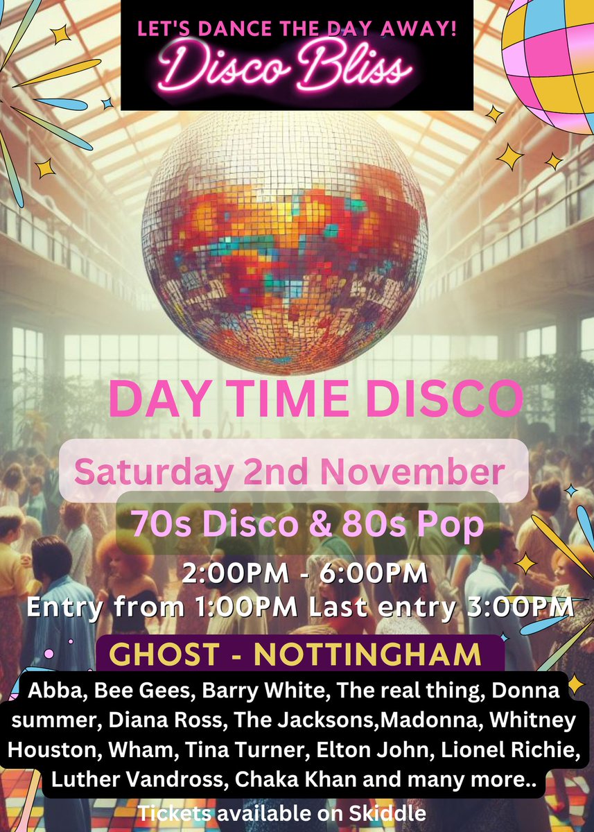 Day time disco coming to Nottingham!

Saturday 2nd November.

Tickets available from: skiddle.com/e/39330343