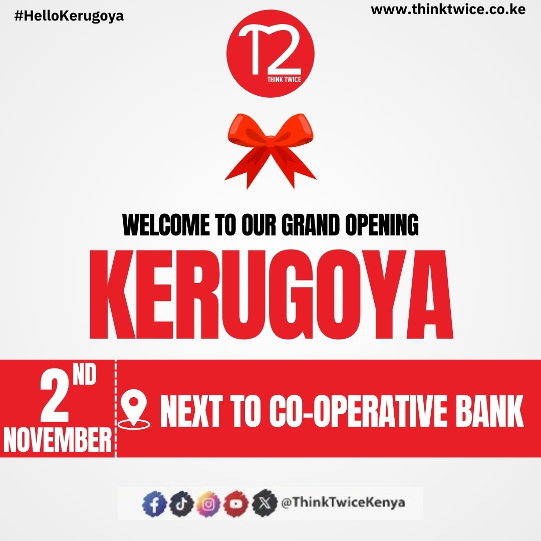 ThinkTwiceKenya's tweet photo. 🎉We are excited to announce the Grand Opening of our new shop in Kerugoya on 2nd November.
📍Next to Co-operative Bank, Kerugoya.
🎊Congratulations to our lucky winners for correctly predicting our new shop location.
1. #mwende_nzioka
2. #SalomarySheekowSimiyu
3. #talisha https://t.co/kd0BMmUjIg