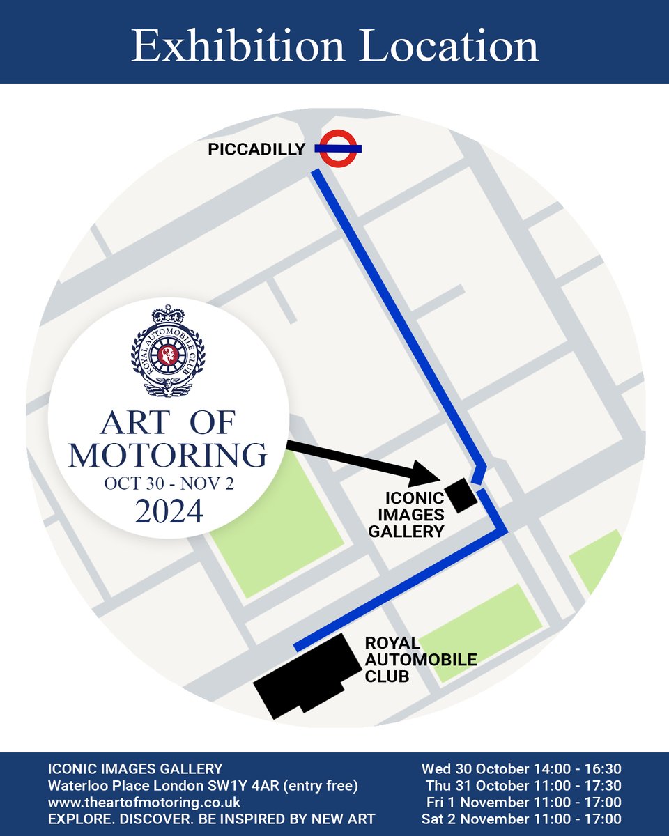 Greg40b's tweet photo. The @royalautomobileclub Art of Motoring Exhibition 2024 opens in 8 days! Explore and be inspired  by 30 of the world's leading motoring artists. Now in its 10th year, the main exhibition is at the Iconic Images Gallery at Waterloo Place, London SW1 @iconicimagesgallery https://t.co/yQi5ax8znL