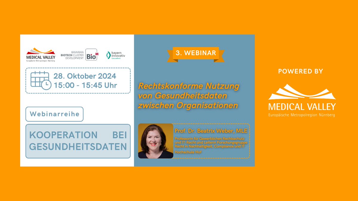 medicalvalley's tweet photo. Im letzten Webinar aus der Reihe „Kooperation bei Gesundheitsdaten“ beleuchtet Prof. Dr. Beatrix Weber die rechtskonforme Nutzung von #Gesundheitsdaten zwischen Organisationen
📅28.10. | 15 Uhr
👉https://t.co/oVlkUKsIYx
#Information #Vernetzung #FachlicherAustausch #MedicalValley https://t.co/Yk8z2amWON