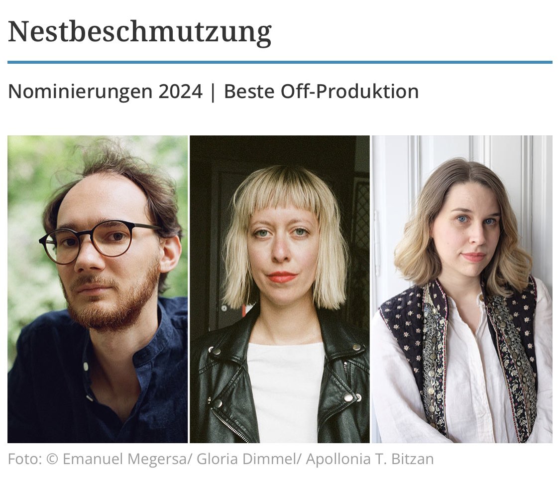 Unser Recherchestück NESTBESCHMUTZUNG über Machtmissbrauch in der Kulturbranche wurde zweimal mit dem Nestroy nominiert. Ich bin heute sehr stolz auf unser Kollektiv und unsere jahrelange Arbeit. Journalismus auf der Bühne wirkt:
nestroypreis.at/show_content2.…