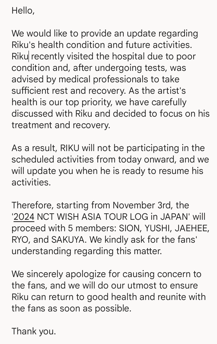nctymisfit's tweet photo. starting today, Riku will not participate on NCT WISH's schedule to focus on recovery. 

Get well soon, riku 🥺 https://t.co/xBs6LuDrbN