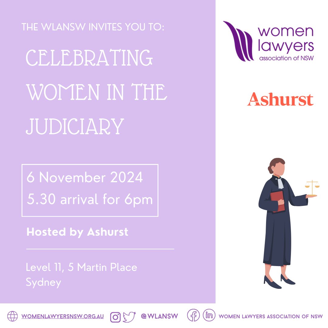 A biennial event where we celebrate women lawyers appointments to the bench. 
This event is being kindly hosted by Ashurst on their gorgeous terrace. We will have formal speeches inside, with the view of enjoying refreshments &amp; networking on their terrace

Tickets on the website