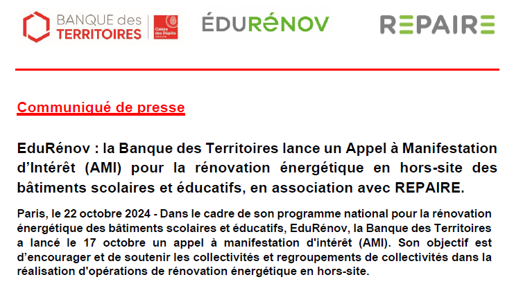 Caisse des Dépôts - Presse (@cdc_presse) on Twitter photo EduRénov : la <a href="/BanqueDesTerr/">Banque des Territoires</a> lance un Appel à Manifestation d’Intérêt pour la #rénovationénergétique en hors-site des bâtiments #scolaires et #éducatifs, en association avec la société de conseils REPAIRE.
Le communiqué➡️urlz.fr/sHA5 EduRénov : la <a href="/BanqueDesTerr/">Banque des Territoires</a> lance un Appel à Manifestation d’Intérêt pour la #rénovationénergétique en hors-site des bâtiments #scolaires et #éducatifs, en association avec la société de conseils REPAIRE.
Le communiqué➡️urlz.fr/sHA5