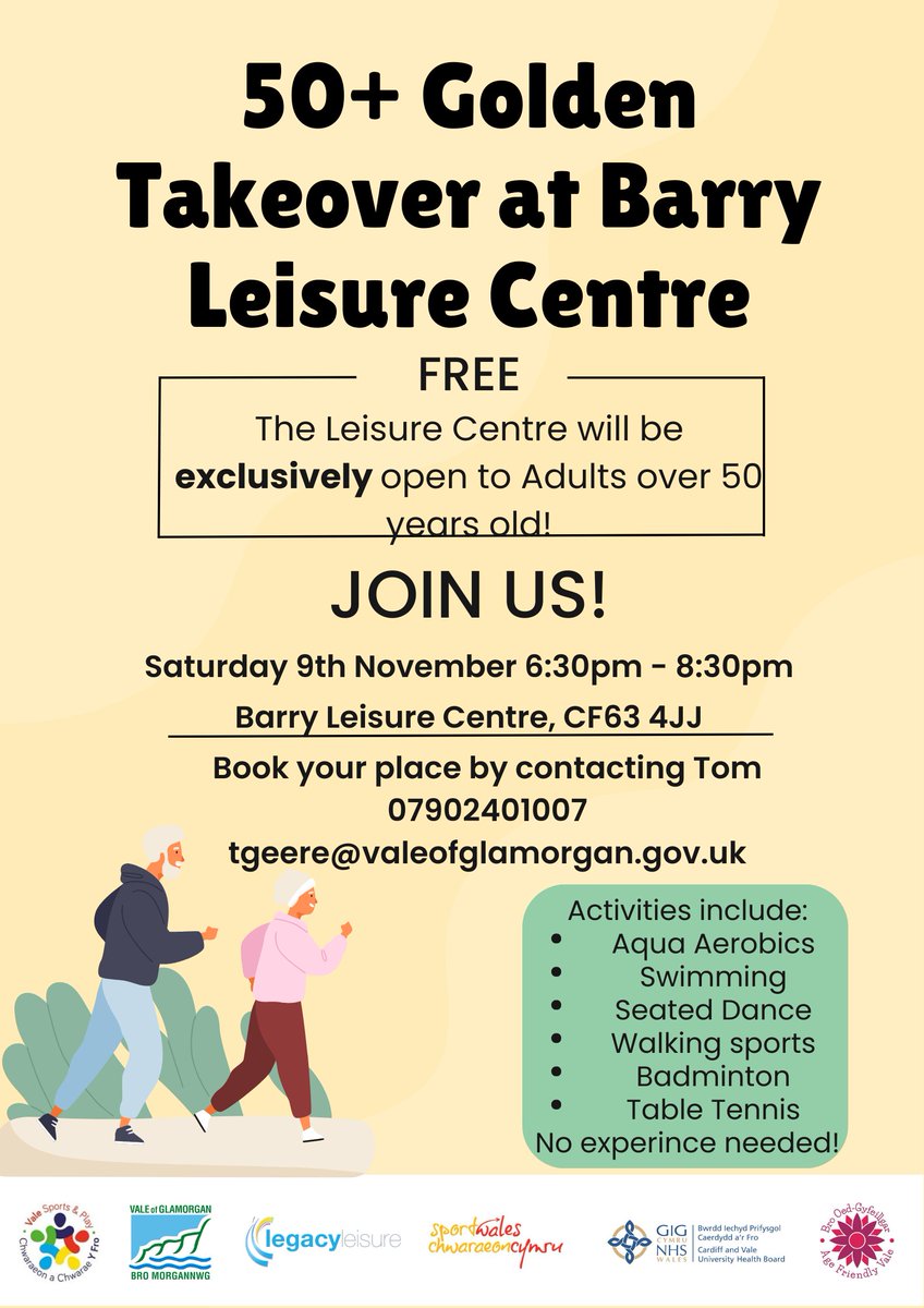 VOGCouncil's tweet photo. Are you over the age of 50 and keen to get more active? 🚶🏊‍♀️ 🏓

Why not come along to our FREE ‘Golden Takeover’ event this November! ❇️

Find out more 👇 https://t.co/5h8FMb5lHJ