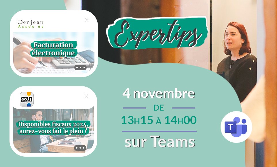 #Facture #électronique, #disponiblesfiscaux : voici les thèmes du RDV mensuel des jeunes #expertscomptables le 4 novembre à 13H15!
Un #partenariat <a href="/ANECSnational/">ANECS</a> <a href="/CJECnational/">CJEC</a>  <a href="/DenjeanAssocies/">Thierry Denjean</a> et <a href="/Gan_Assurances/">Gan Assurances</a>.
Inscription #Expertips ici : 
docs.google.com/forms/d/e/1FAI…
