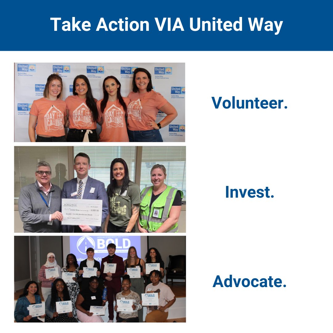 When we take action together, we can create change for all. Support our community VIA United Way through:
🤝Volunteering 
💰Investing
📣and Advocating!

Visit bit.ly/3BTvzqU to learn more. #BuildingCommunity