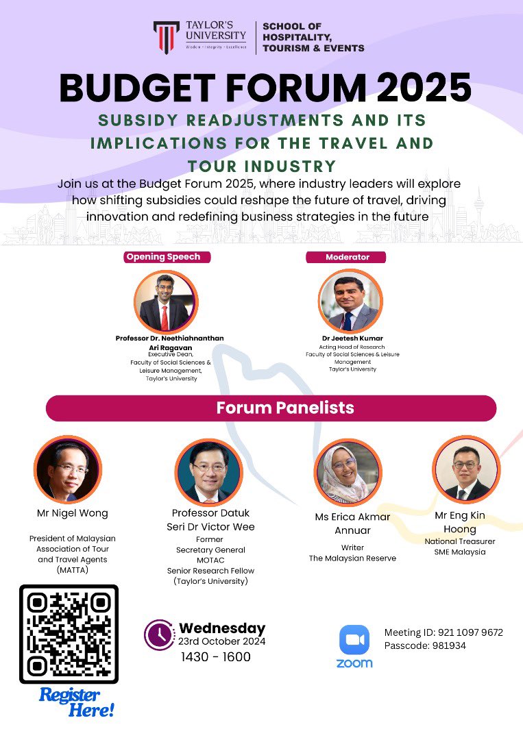 ericamaus10's tweet photo. Excited to speak at #BudgetForum2025 this Wed (2.30- 4PM) hosted by Taylor’s University! 🎤 We’ll dive into how subsidy changes will impact travel &amp; tourism. ✈️🏖️

Join us on Zoom! 🖥️
ID: 921 1097 9672 | Pass: 981934

#TourismTalks #TaylorsUniversity https://t.co/mrhI63lXbM