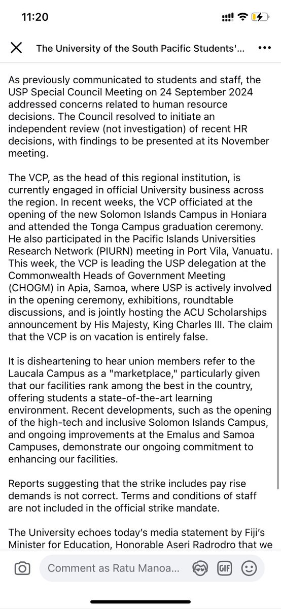 radiopasifik's tweet photo. 1. The below Facebook post was shared on the USP Staff Emails at 5:53pm, Tuesday afternoon. Strange that this statement came out after the strike had finished for the day. #teamfiji #teamUSP https://t.co/rNCSsebTnx