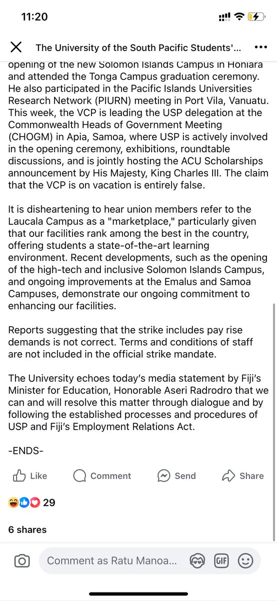 radiopasifik's tweet photo. 1. The below Facebook post was shared on the USP Staff Emails at 5:53pm, Tuesday afternoon. Strange that this statement came out after the strike had finished for the day. #teamfiji #teamUSP https://t.co/rNCSsebTnx