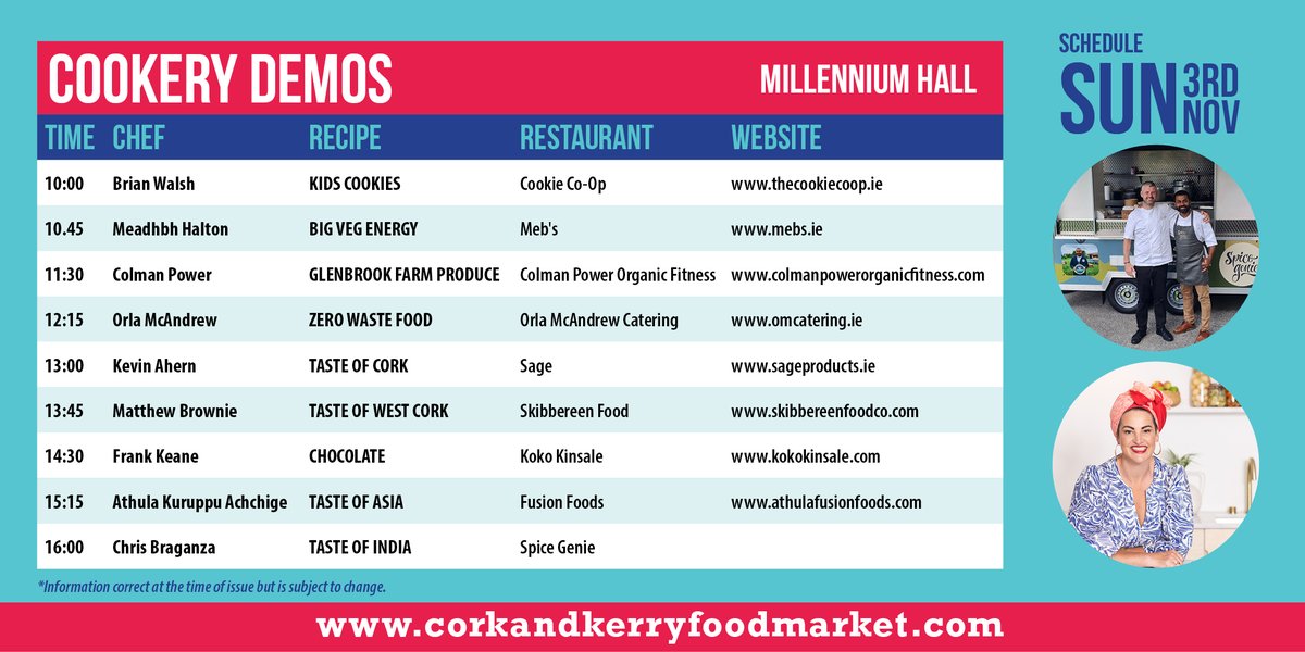 CorkKerryFoodMarket (@corkkerryfood) on Twitter photo Join us on Sun, 3 Nov for the second day of live chef demos with @bibliocook and food talks hosted by MC <a href="/theculinarycelt/">Cathy aka The Culinary Celt</a> 👩🍳 and check out 80+ stalls at Cork City Hall
🗓️ Sat 2 & Sun 3 Nov #CKFM24
📌 Keep this schedule handy!
Tickets: bit.ly/CKFM24 or on the door. Join us on Sun, 3 Nov for the second day of live chef demos with @bibliocook and food talks hosted by MC <a href="/theculinarycelt/">Cathy aka The Culinary Celt</a> 👩🍳 and check out 80+ stalls at Cork City Hall
🗓️ Sat 2 & Sun 3 Nov #CKFM24
📌 Keep this schedule handy!
Tickets: bit.ly/CKFM24 or on the door.