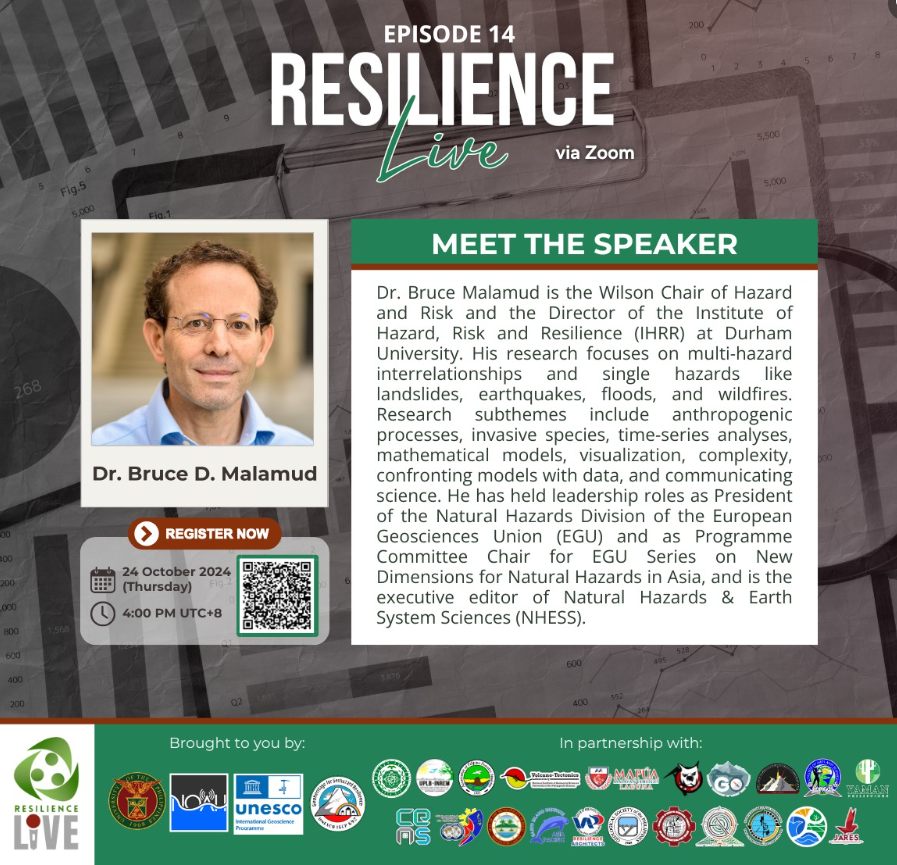 Institute of Hazard, Risk & Resilience, Durham (@_ihrr) on Twitter photo Join us for a webinar hosted by <a href="/UPResilience/">UP Resilience Institute</a>!
<a href="/BruceDMalamud/">Bruce D Malamud</a> Director of @IHRR_Durham, will speak at the 14th episode of #ResilienceLive. He’ll discuss using visualisation, SeriousGames, VR, AR, & AI to better communicate resilience.
24 Oct 2024
09:00-10:00 BST
Register below! Join us for a webinar hosted by <a href="/UPResilience/">UP Resilience Institute</a>!
<a href="/BruceDMalamud/">Bruce D Malamud</a> Director of @IHRR_Durham, will speak at the 14th episode of #ResilienceLive. He’ll discuss using visualisation, SeriousGames, VR, AR, & AI to better communicate resilience.
24 Oct 2024
09:00-10:00 BST
Register below!