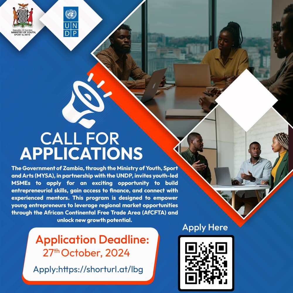 📢 The deadline for youth-led MSMEs to apply for the workshop has been extended to 27th October 2024! Enhance your entrepreneurial skills, connect with mentors, and access finance. Don’t miss out—apply now!
#YouthConnektZambia
👉 Apply here: shorturl.at/lbg0t