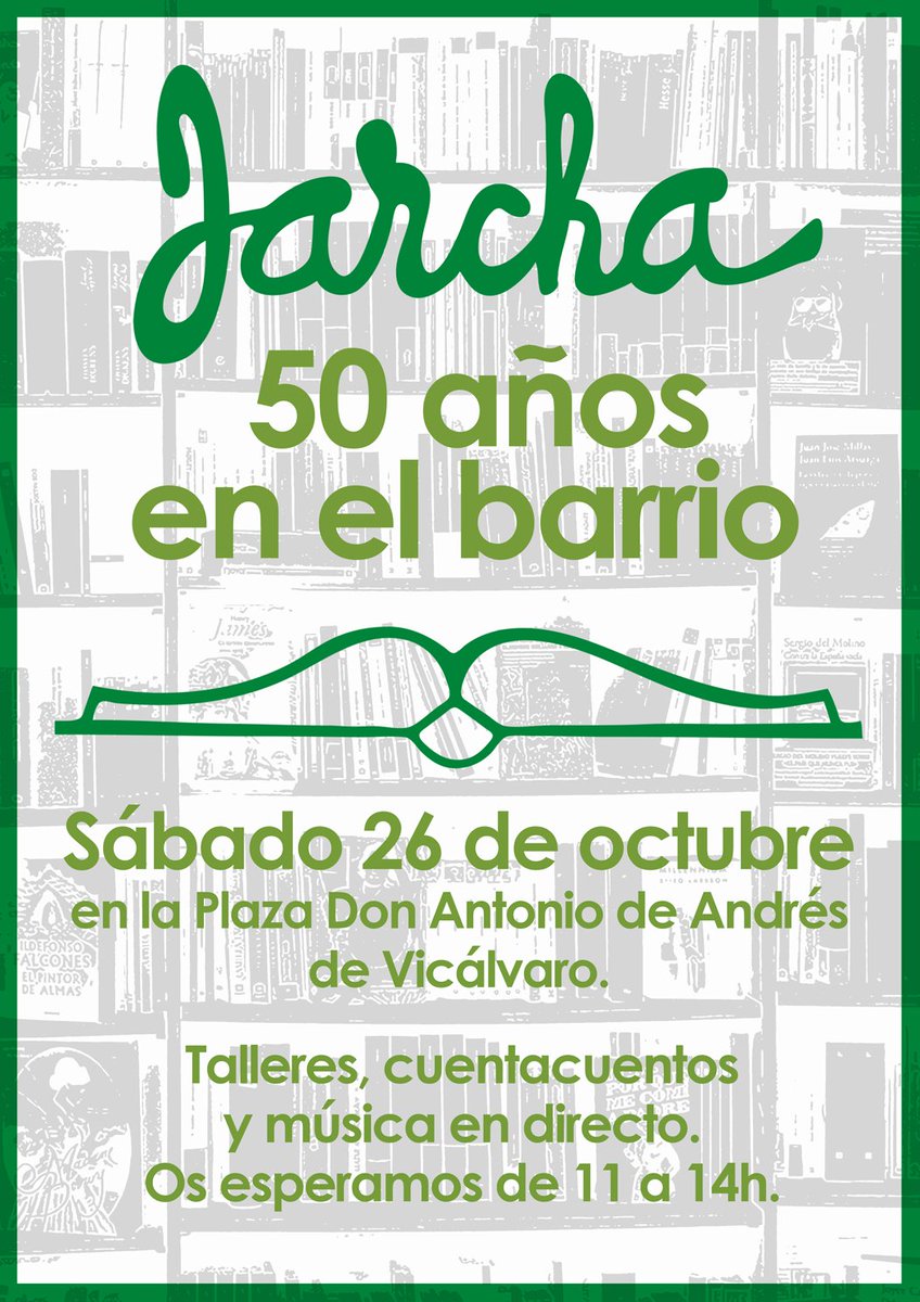 📚 Es uno de los comercios más antiguos y toda una institución cultural vicalvareña, la <a href="/libreriajarcha/">Librería Jarcha</a>, celebra su primer media siglo de vida en el distrito.
🗓️ El sábado 26 de 11 a 14h en la plaza Don Antonio de Andrés 
#EncuentrosJarcha
#Jarcha50