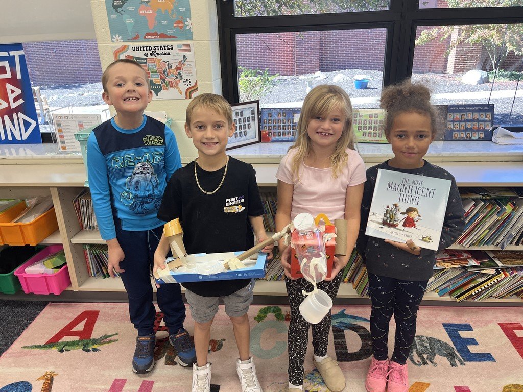 ElementarySalem's tweet photo. Miss Clark's class collected recyclables, read The Most Magnificent Thing, and created their own Magnificent Things during science. https://t.co/WYvGWrDglB
