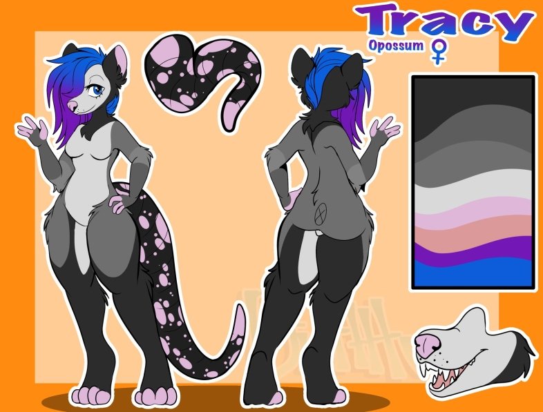 Since I don't know if I've shown her off here, this is Tracy, my opposum sona, she currently has only three vrchat avis made, but that'll grow soon. And yes, she's as sexual as Coal. Ref by @/DietHtwoo.