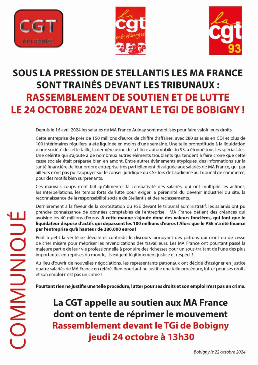SOUS LA PRESSION DE STELLANTIS LES MA FRANCE SONT TRAINÉS DEVANT LES TRIBUNAUX : RASSEMBLEMENT DE SOUTIEN ET DE LUTTE
LE 24 OCTOBRE 2024 DEVANT LE TGI DE BOBIGNY !