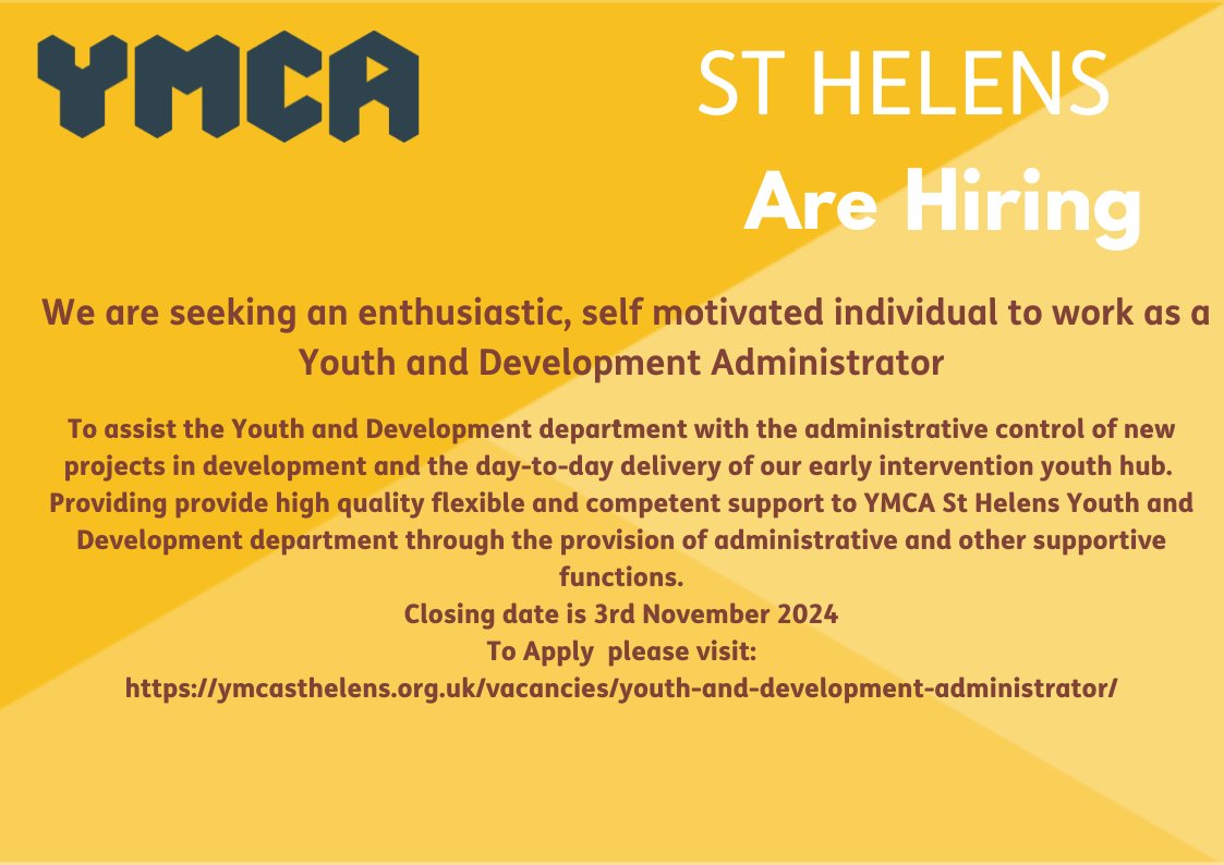 We are seeking a self motivated Youth and Development Administrator .
To apply visit ymcasthelens.org.uk/vacancies/yout…
#youthwork#youth#youngpeople#mersysidejobs#sthelensjobs#jobs