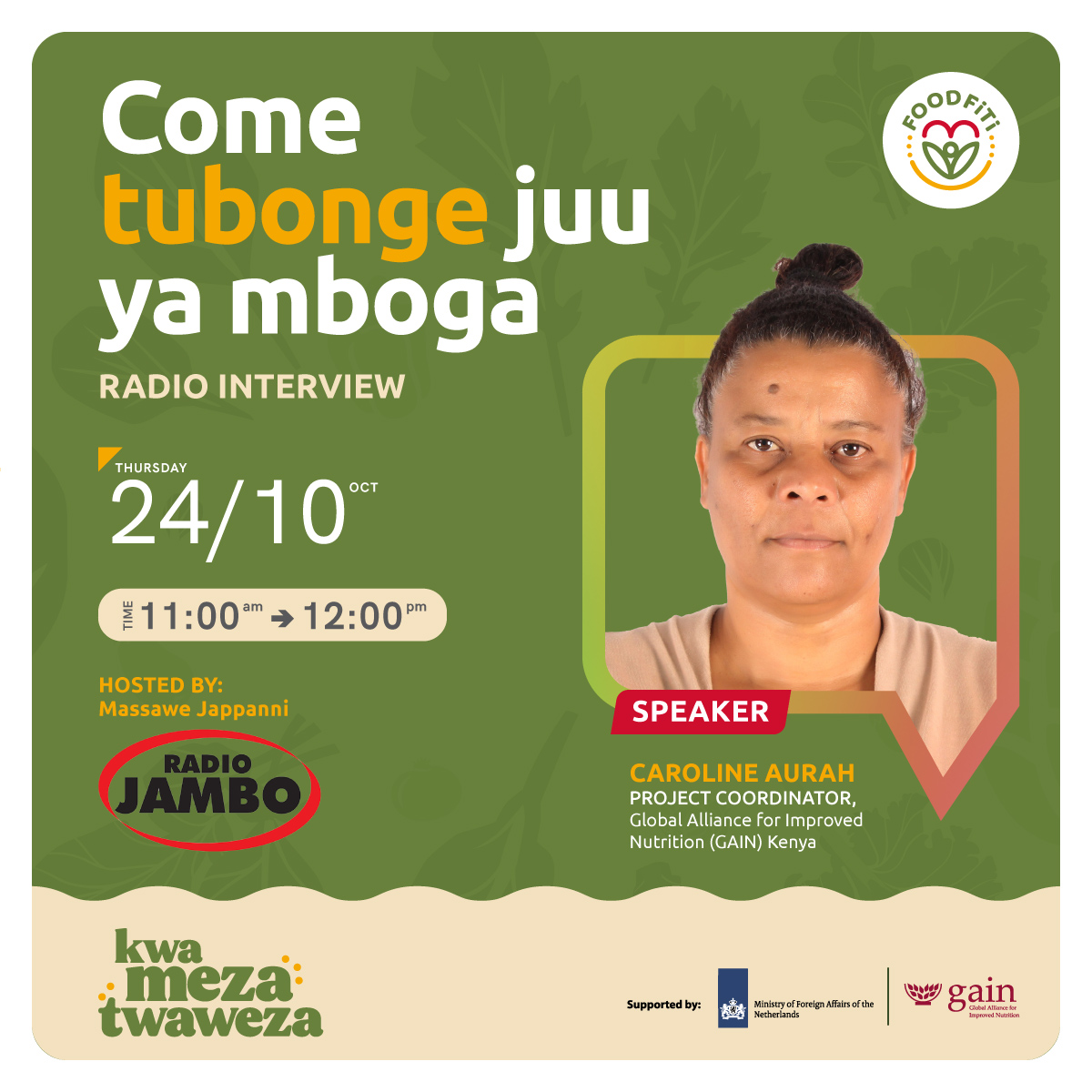 Did you know that dark green leafy vegetables, such as managu (black nightshade), terere (amaranth), kale &amp; spinach, are powerhouses of essential vitamins &amp; minerals? Join us this Thursday for a special interview on <a href="/RadioJamboKenya/">Radio Jambo</a> &amp; learn more
#FoodFiti #HealthierDiets4All