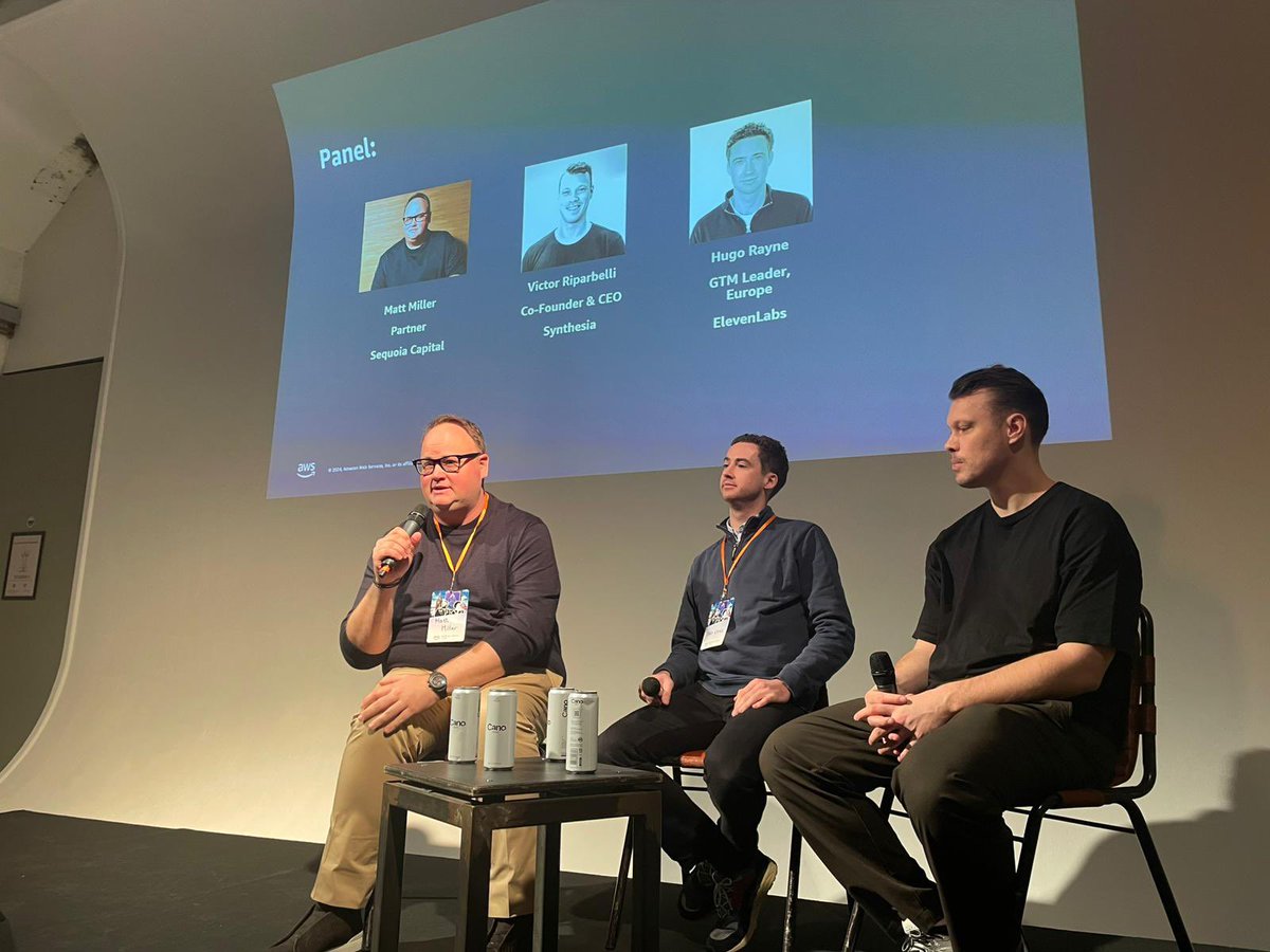 mcmiller00's tweet image. Fun morning with @awscloud in London chatting with my good friend @vriparbelli of @synthesiaIO and Hugo from @elevenlabsio. Don’t listen to the haters, London is an awesome place to build a Gen AI company! We are here to help! Go #TeamEurope