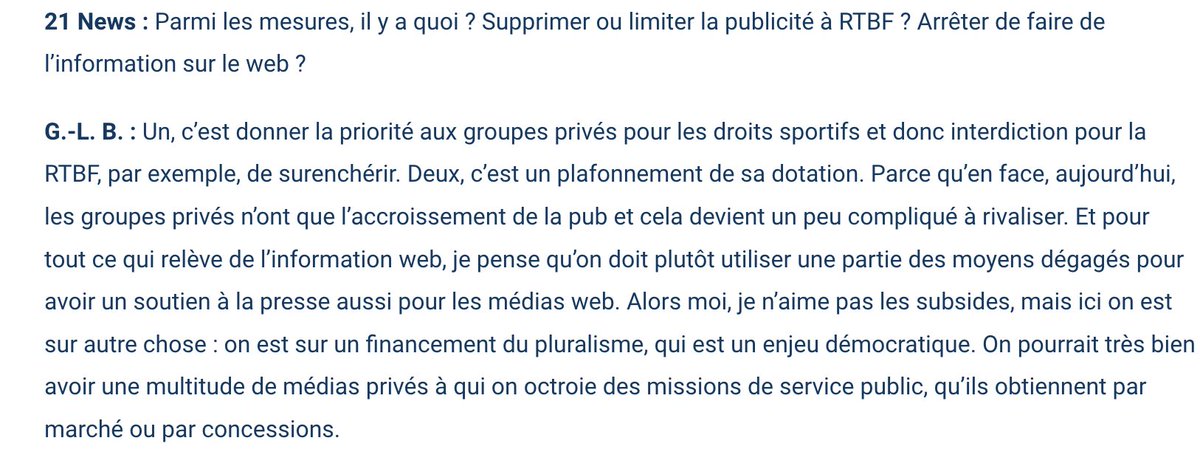 michelhenrion's tweet photo. #Médias/Les faits: ce 21/10 @etiennedujardin (#MR) et sa nouvelle SRL MediaDW met en ligne le webzine https://t.co/zyC4j1RYzk. Ce 22/10, dans une interview sur ce même @21NewsBE, @GLBouchez, président du #MR, dit vouloir "utiliser une partie des moyens dégagés (de la RTBF) pour avoir un soutien à la presse aussi pour les médias web".  Et cette phrase sibylline: "On pourrait très bien avoir une multitude de médias privés à qui on  octroie des missions de #servicepublic, qu’ils obtiennent par marché ou  par concessions." 
@J_Galant , ministre #MR des Médias, a donc ses instructions. #MédiasSousInfluence