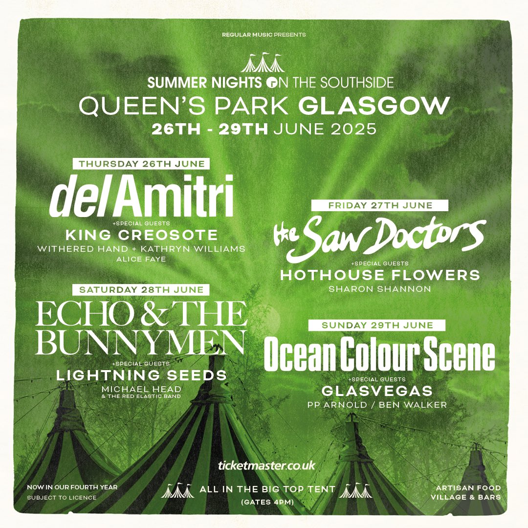 JUST ANNOUNCED//// The lineup for Summer Nights on the Southside 2025 is here!

Tickets 🎟️ on sale Friday 25 October at 9am

26/6 - <a href="/DelAmitri/">Del Amitri</a> &amp; much more

27/6 - <a href="/sawdoctors/">The Saw Doctors</a> &amp; much more

28/6 - <a href="/Bunnymen/">Echo & the Bunnymen</a> &amp; much more

29/6 - <a href="/OCSmusic/">Ocean Colour Scene</a> &amp; much more