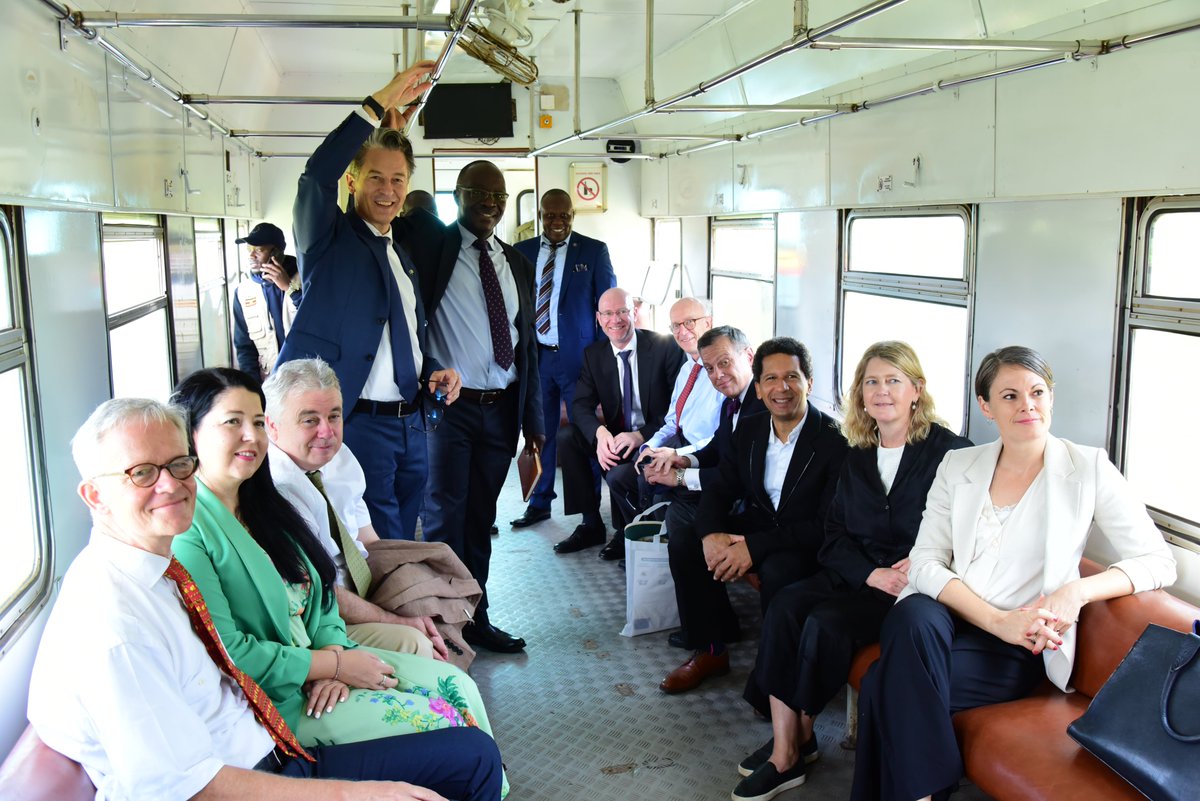 EUinUG's tweet photo. Our🇪🇺 Ambassadors began the #EUHoMsinJinja trip in style, taking @RailwaysUganda passenger train from Kampala to Mukono, before getting aboard @KiiraMotors Ugandan Electric Bus which will be used for the entire duration of their visit to Jinja and return to Kampala. #EUandUganda https://t.co/RSBmoTWsqp