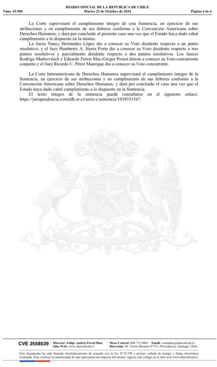📰 El Diario Oficial publicó hoy la sentencia del caso Vega González vs Chile, que obliga al Estado a anular y aumentar penas a condenados desproporcionadamente por crímenes de la dictadura. Reconoce la imprescriptibilidad de violaciones a derechos humanos, como las perpetradas