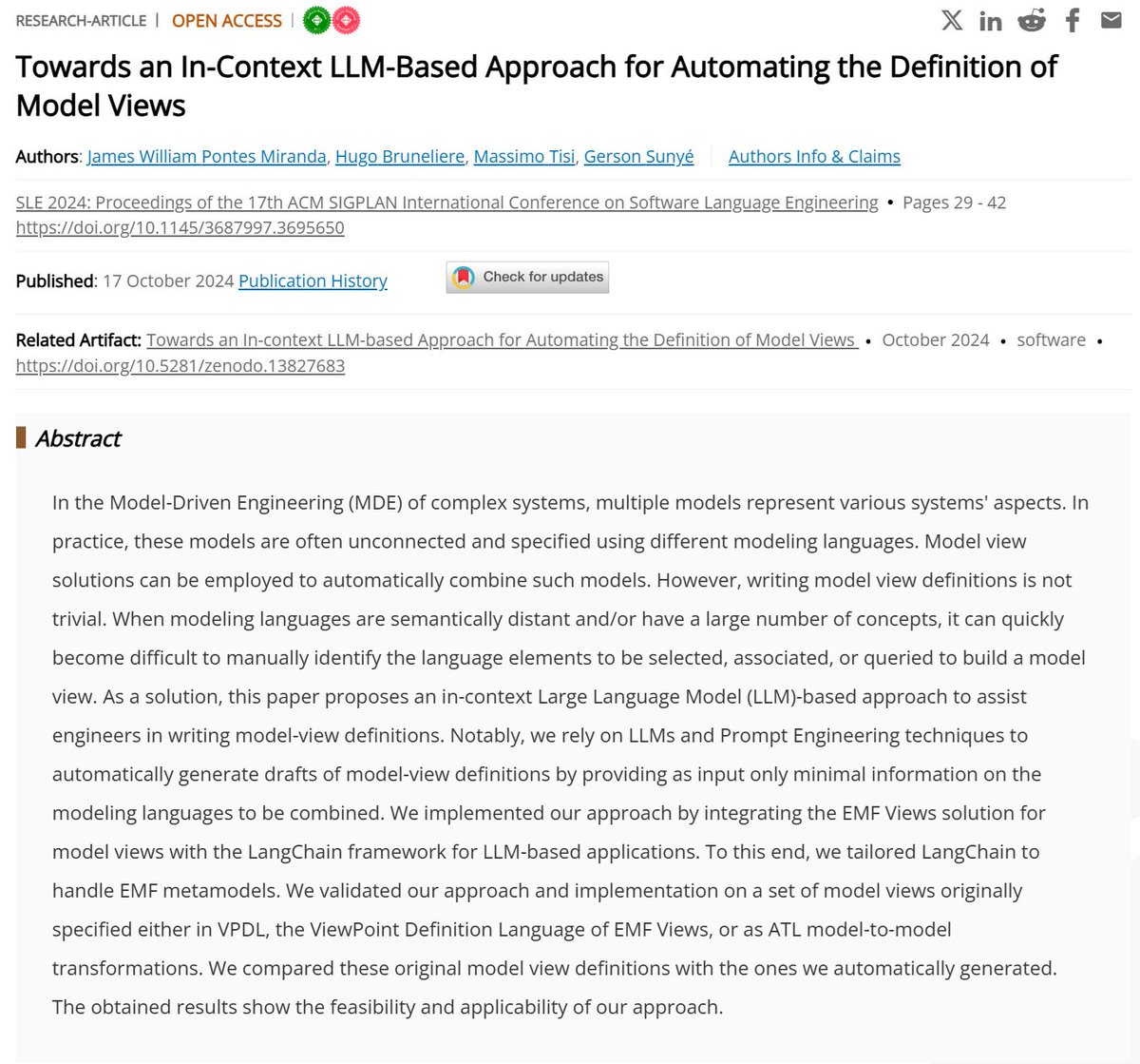 Hugo Bruneliere (@hugobruneliere) on Twitter photo Here is our paper published and presented by James Miranda at <a href="/sleconf/">SLE Conference</a> 2024!
Where, when, how to use (or not) #LLMs to support the #MBE of large and complex software systems...
With <a href="/massimotisi/">Massimo Tisi</a>, <a href="/sunye/">Gerson Sunyé</a>, <a href="/naomod_team/">Naomod</a> - <a href="/aidoart/">AIDOaRt</a> <a href="/IMTAtlantique/">IMT Atlantique</a> <a href="/NantesUniv/">Nantes Université</a>
doi.org/10.1145/368799… Here is our paper published and presented by James Miranda at <a href="/sleconf/">SLE Conference</a> 2024!
Where, when, how to use (or not) #LLMs to support the #MBE of large and complex software systems...
With <a href="/massimotisi/">Massimo Tisi</a>, <a href="/sunye/">Gerson Sunyé</a>, <a href="/naomod_team/">Naomod</a> - <a href="/aidoart/">AIDOaRt</a> <a href="/IMTAtlantique/">IMT Atlantique</a> <a href="/NantesUniv/">Nantes Université</a>
doi.org/10.1145/368799…
