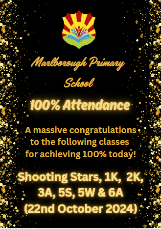MarlboroughPrim's tweet image. Well done to the classes below for achieving 100% attendance today! #attendance #EveryDayCounts #leightrustb8