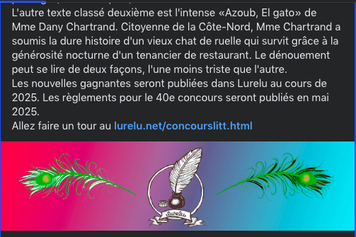 Youpiyé! Mon histoire "Azoub, El gato" est gagnante au concours littéraire de la revue Lurelu.
#azoub #Conte #littératurejeunesse #Lurelu