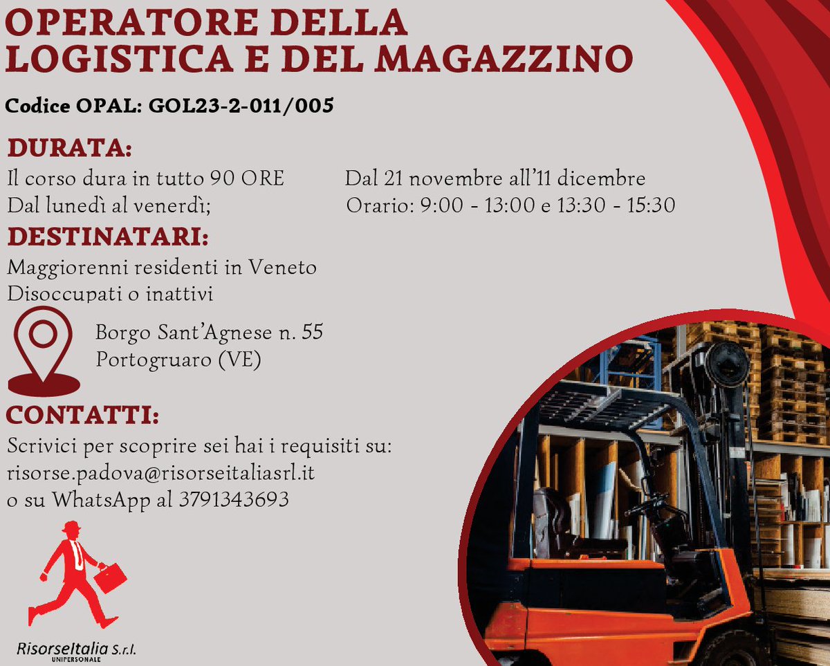 BritishPorto_PN's tweet photo. Corso gratuito di OPERATORE DELLA LOGISTICA E DEL MAGAZZINO, organizzato a Portogruaro da Risorse Italia per inoccupati.
Per info: risorse.padova@risorseitaliasrl.it  Solo WhatsApp: 3791343693 https://t.co/FX4okZMLaC