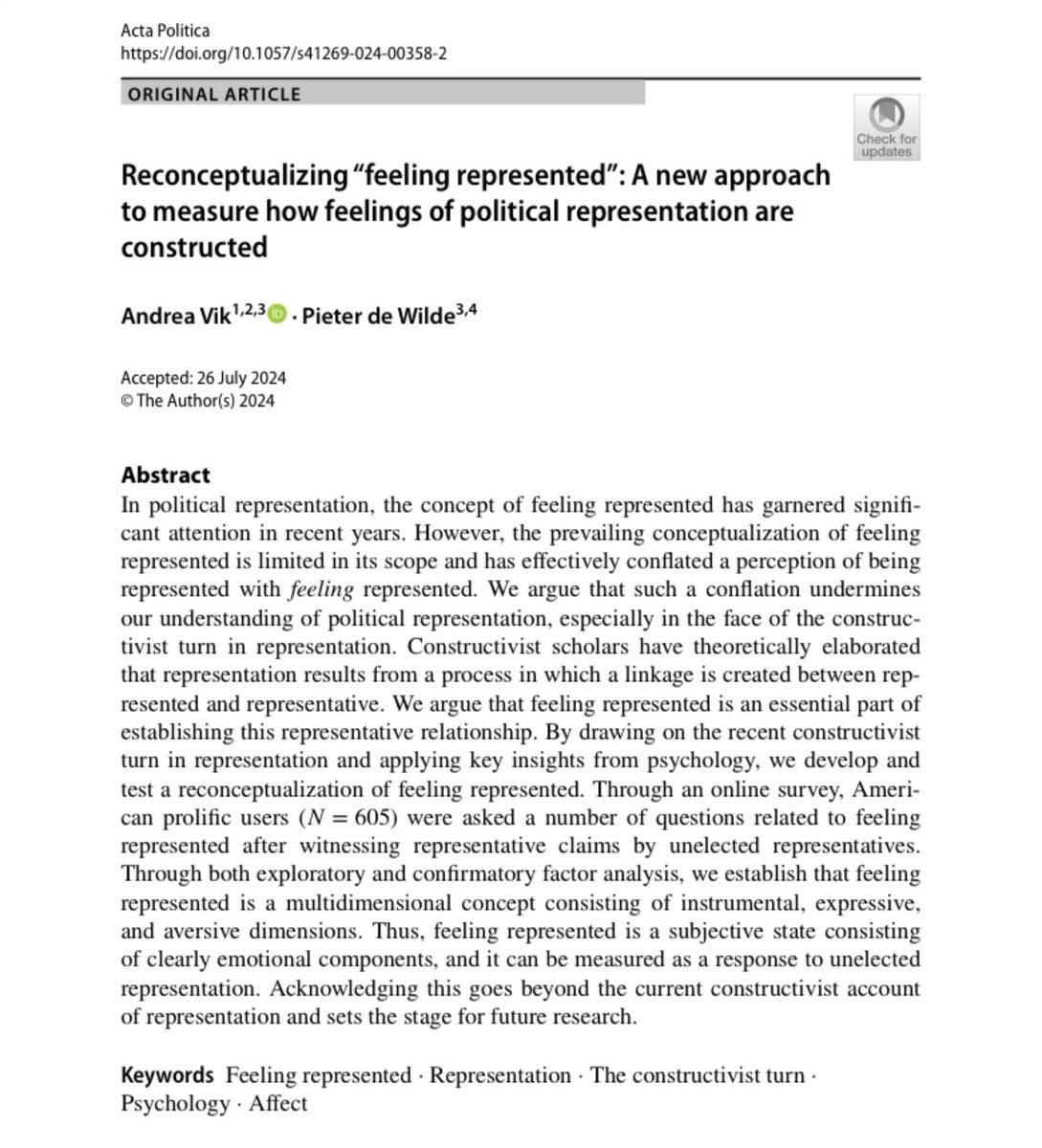 Andrea Vik (@andreavik_) on Twitter photo 🚨new publication <a href="/ActaPolitica/">Acta Politica</a> ! With <a href="/pieter_dewilde/">Pieter de Wilde</a> we show that feeling represented is a socio-psychological multidimensional construct and a missing link in the construction of representation
rdcu.be/dXwhD 🚨new publication <a href="/ActaPolitica/">Acta Politica</a> ! With <a href="/pieter_dewilde/">Pieter de Wilde</a> we show that feeling represented is a socio-psychological multidimensional construct and a missing link in the construction of representation
rdcu.be/dXwhD
