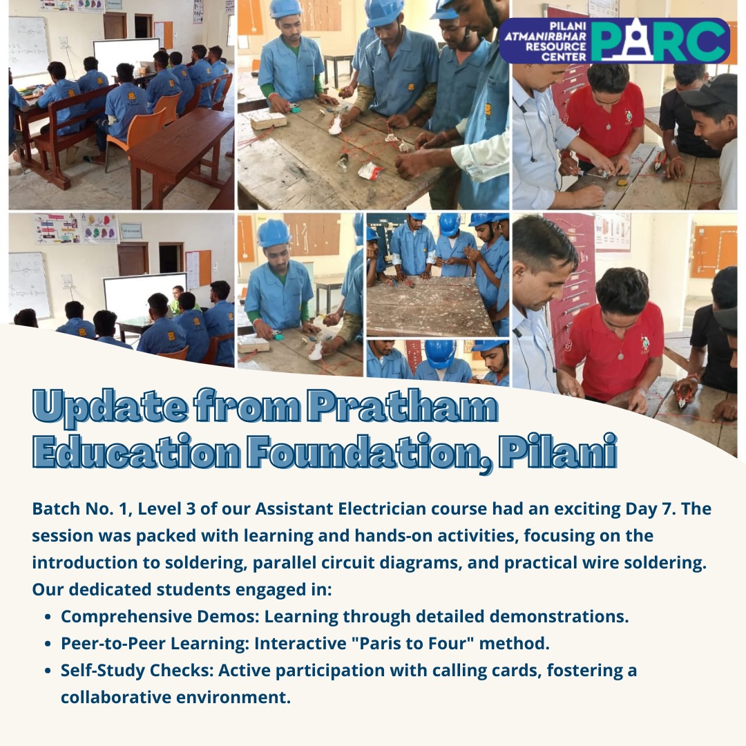 PARCpilani's tweet photo. Day 7 of our Assistant Electrician course (Batch No. 1, Level 3) focused on soldering, parallel circuit diagrams, and hands-on wire soldering.
#pilani #parc #prathampilani #pratham #bitspilani #Prathamskilling #Prathamalumni #skillinindia #nsdcindia #Trending https://t.co/zei31DYoov