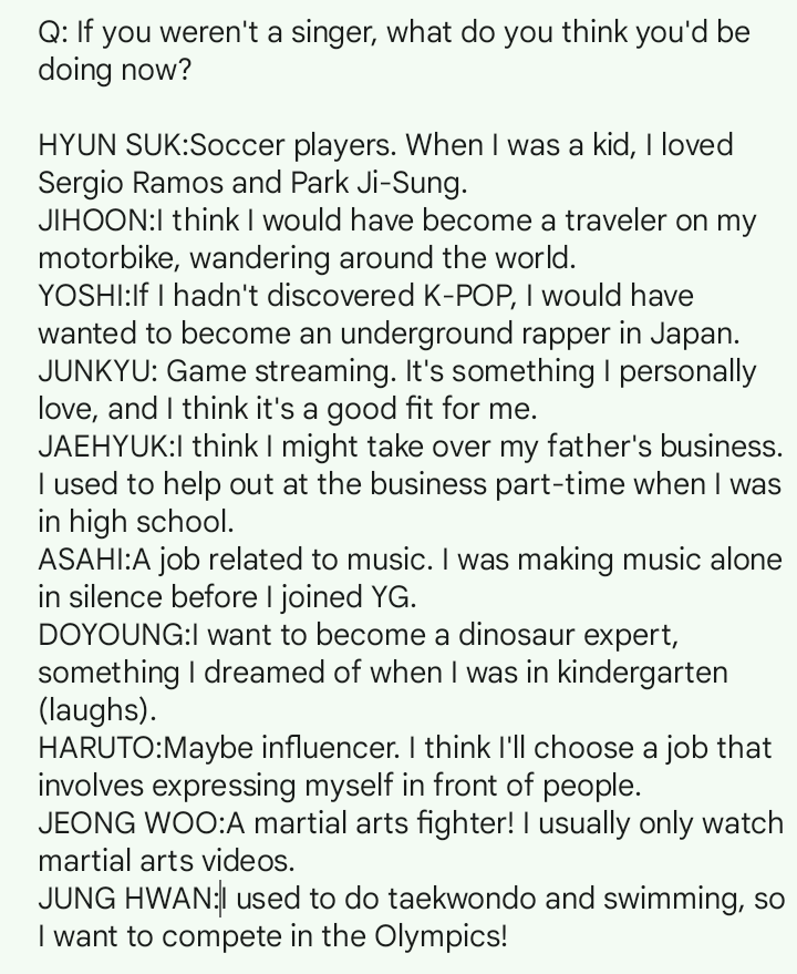 shailxzy's tweet photo. "if you weren't a singer,what do you think you'd be doing now?" #트레저

#2024MAMAVOTE #treasure @treasuremembers https://t.co/vsEq2e8OAL