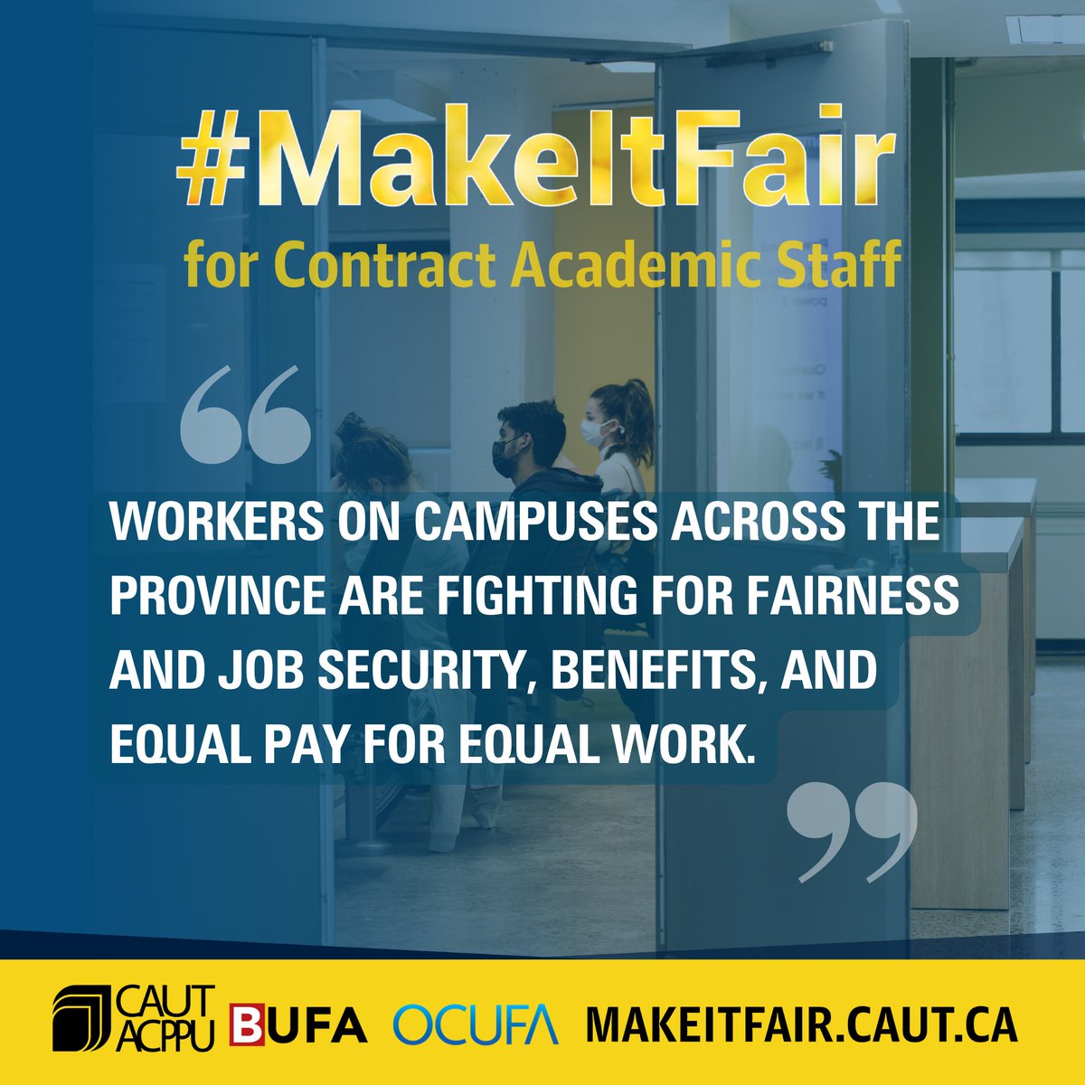 Too many contract faculty have to reapply for their jobs every term and don’t know if they will be teaching semester-to-semester or year-to-year. #Fairness4CF #MakeItFair #CDNPSE ocufa.on.ca/fairness makeitfair.caut.ca