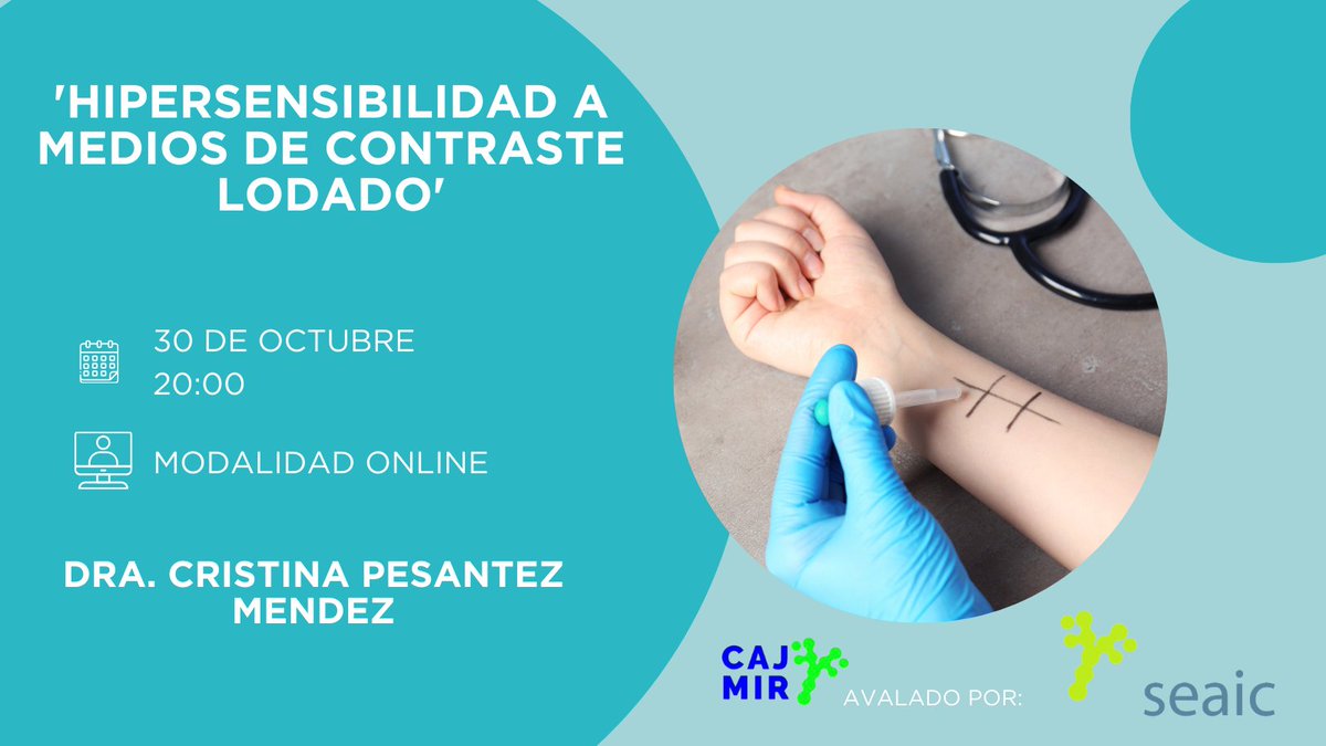 🖥️Quinta sesión clínica de <a href="/CAJMIR_SEAIC/">CAJMIR</a> para #residentes y #alergólogos jóvenes.

📅El 30 de septiembre a las 20:00h
📄 'Hipersensibilidad a medios de contraste lodado'
🗣️ Dra. Cristina Pesantez Mendez
 
Link al zoom: 🔗 pmsl.es/19p