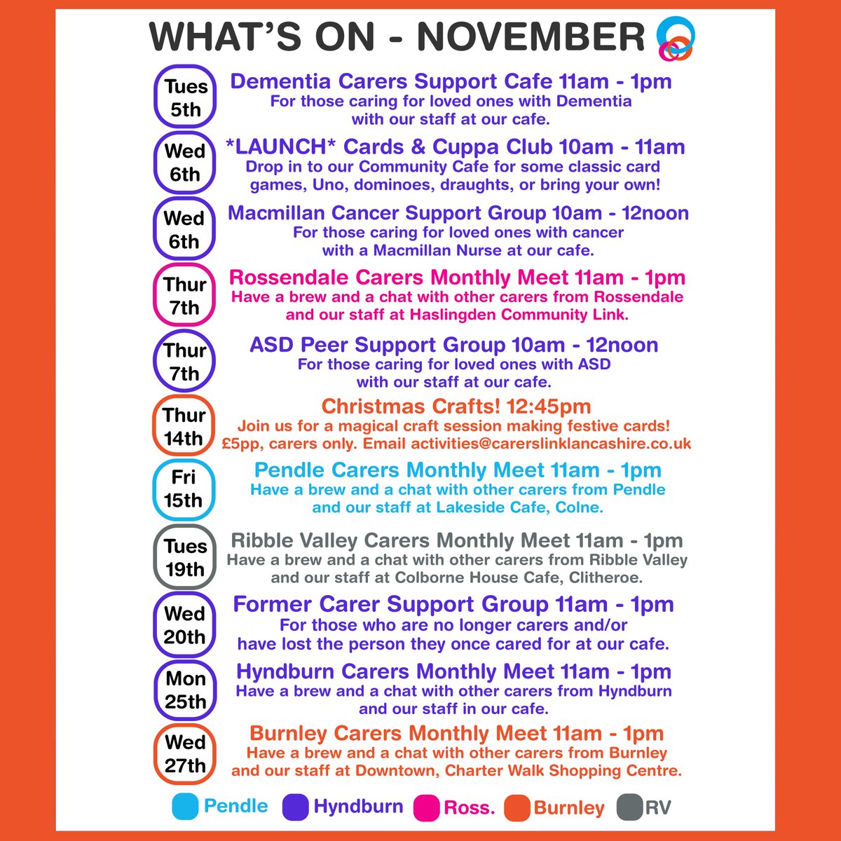 What's on in November across Carers Link Lancashire?

*Not an exhaustive list, check out our website and other social media posts for more!*