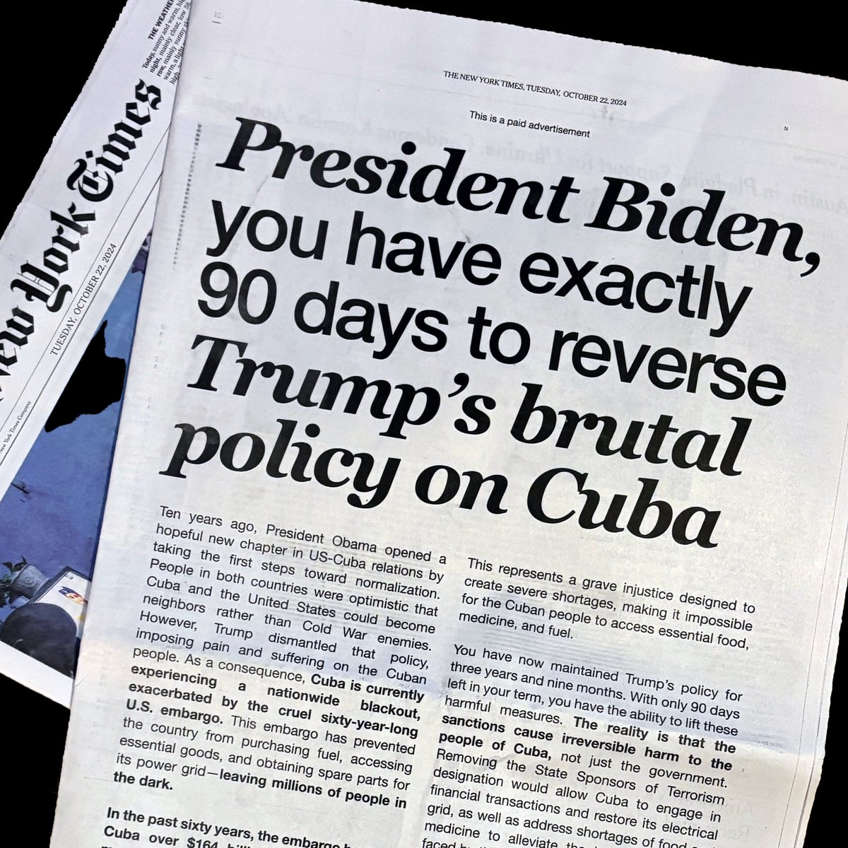 Carta abierta publicada en el New York Times insta al presidente Biden a revocar, durante los últimos 90 días de su gobierno, la política brutal de Trump contra #Cuba🇨🇺, que sigue vigente y provoca graves daños al pueblo cubano.

Desde EEUU se reclama también: #TumbaElBloqueo!!!